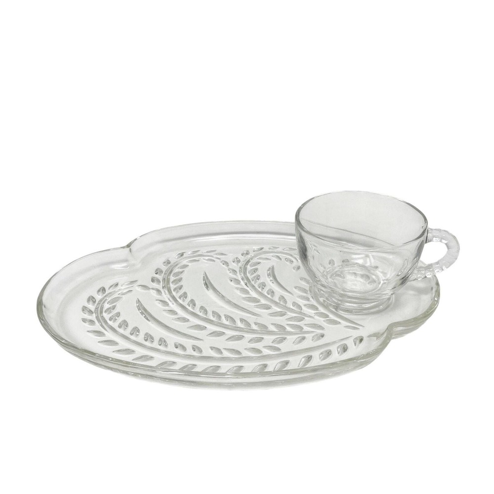 Vintage Indiana Glass Set of Oval Lunch Snack Plates and Teacups Etched Leaf EUC